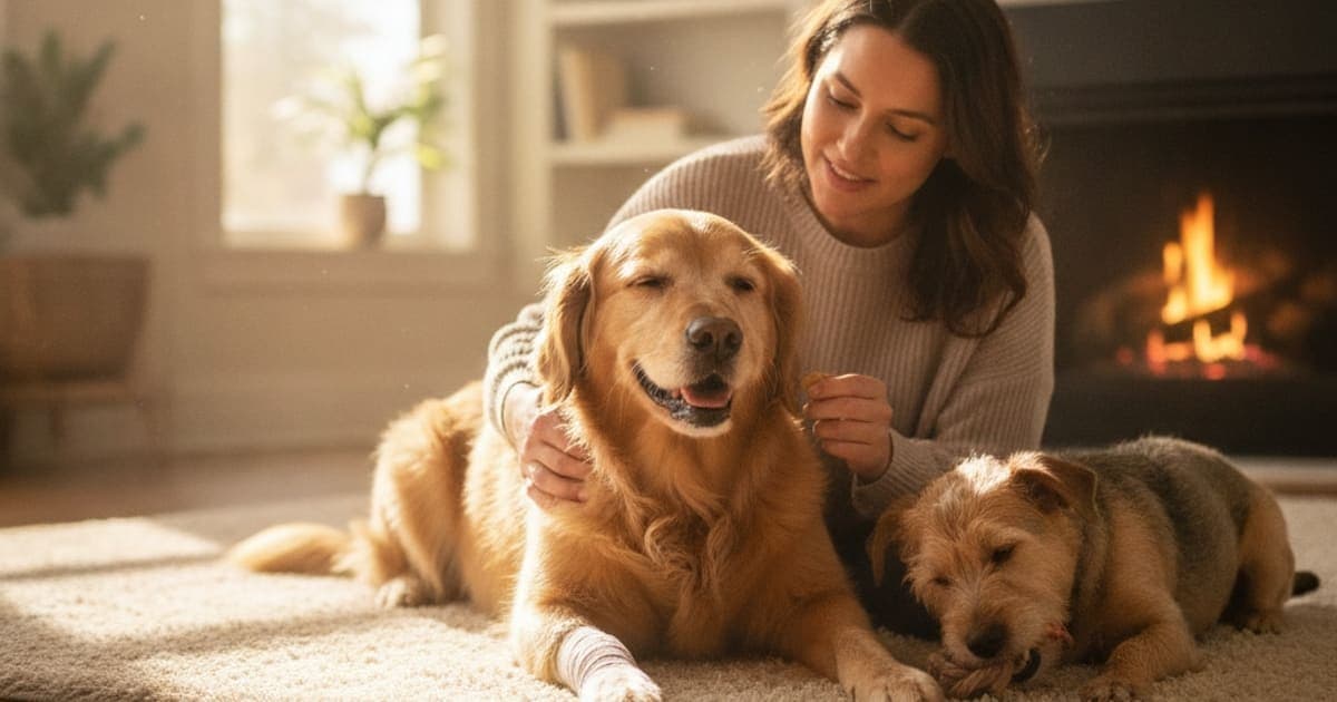 A dog being cared for at home, illustrating what helps a dog with soft tissue injury? (recovery guide)