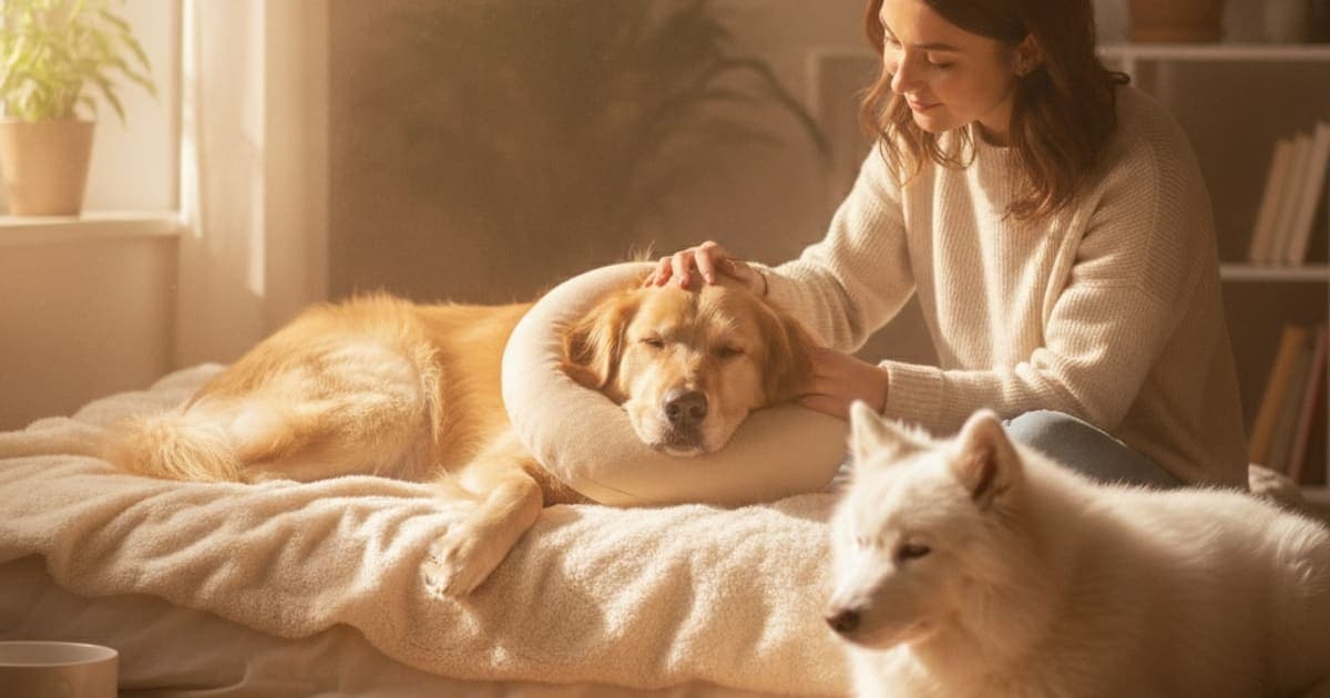 A dog being cared for at home, illustrating what helps a dog with spay recovery? (week by week)