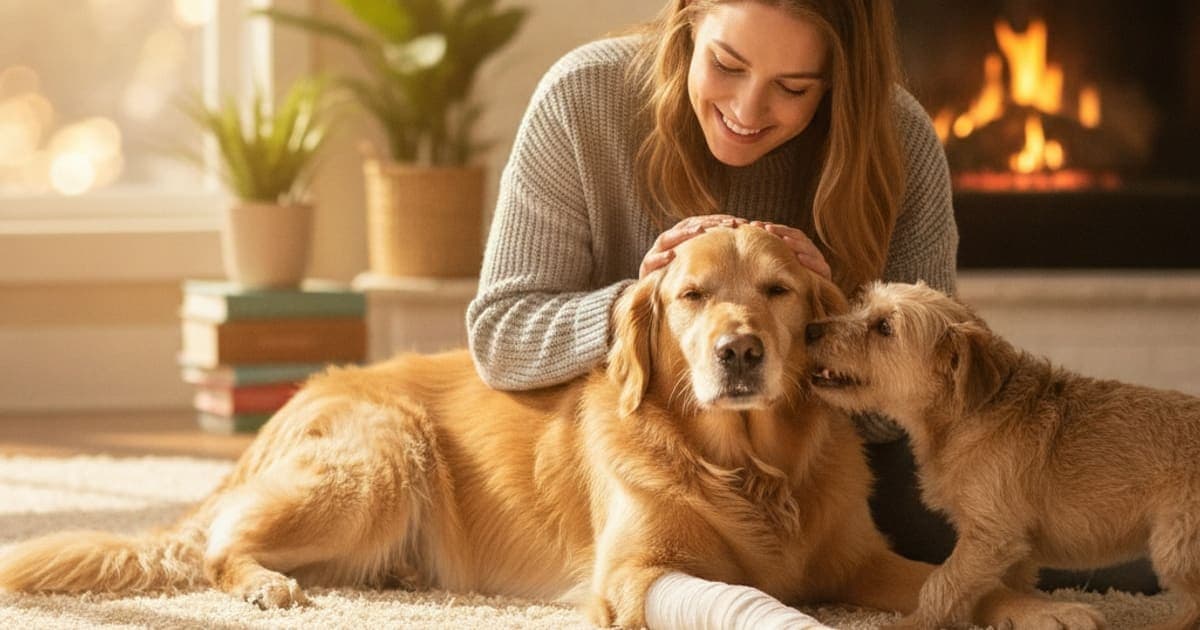 A dog being cared for at home, illustrating what helps a dog with a sprained leg? (recovery basics)