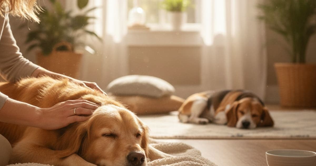 A dog being cared for at home, illustrating what helps a dog with stomach ulcers? (recovery basics)