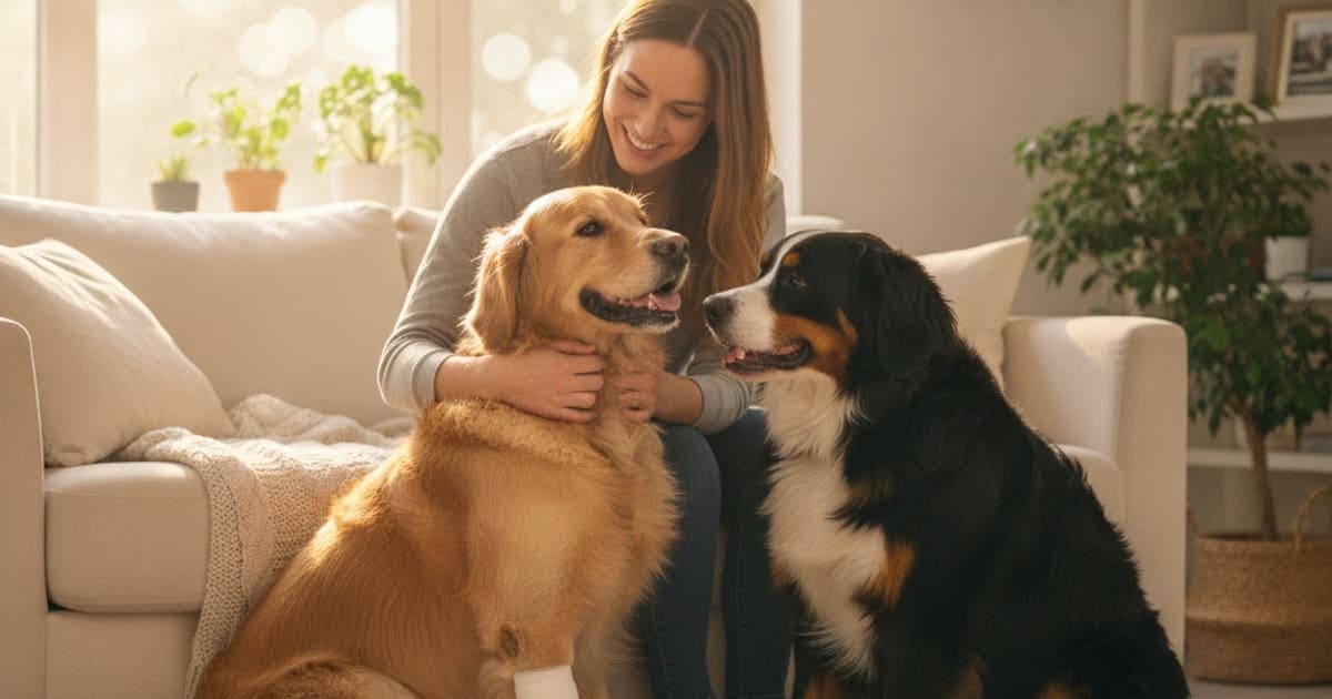 A dog being cared for at home, illustrating what helps a dog with stress fracture? (recovery basics)