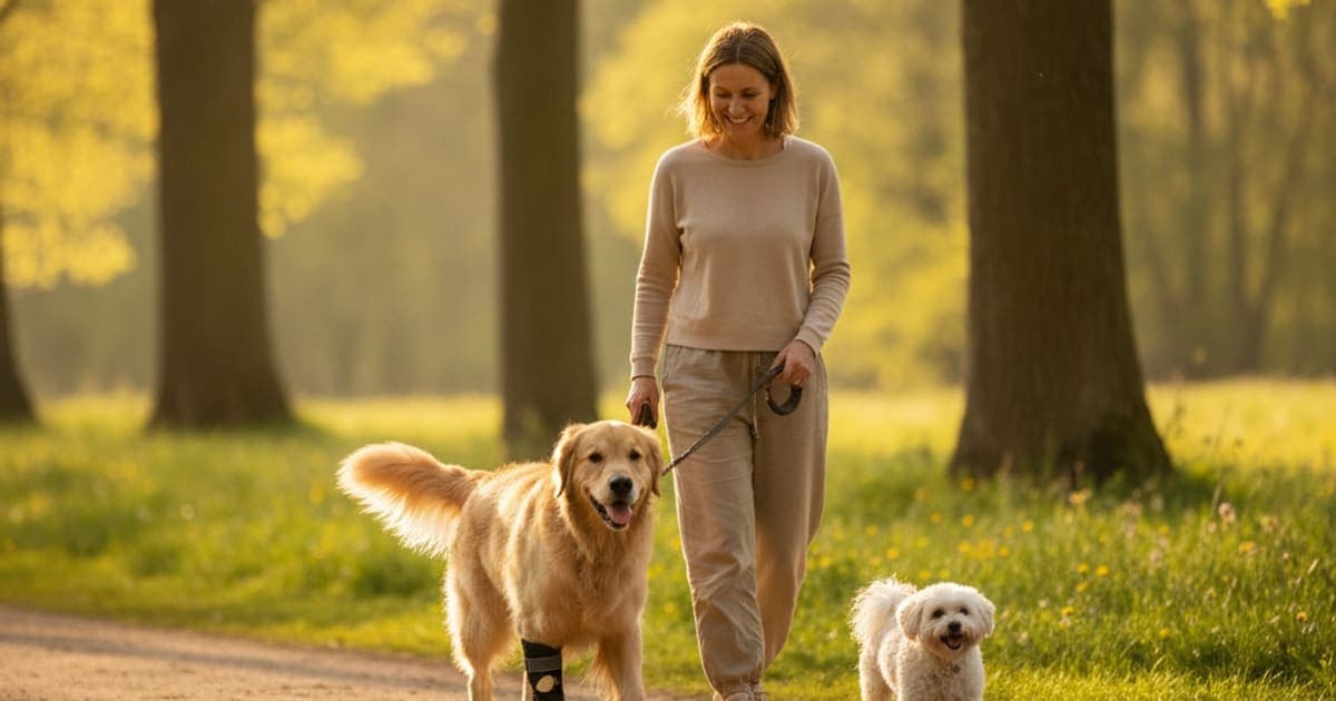 A dog being cared for at home, illustrating what helps a dog with tendon injury? (recovery basics)