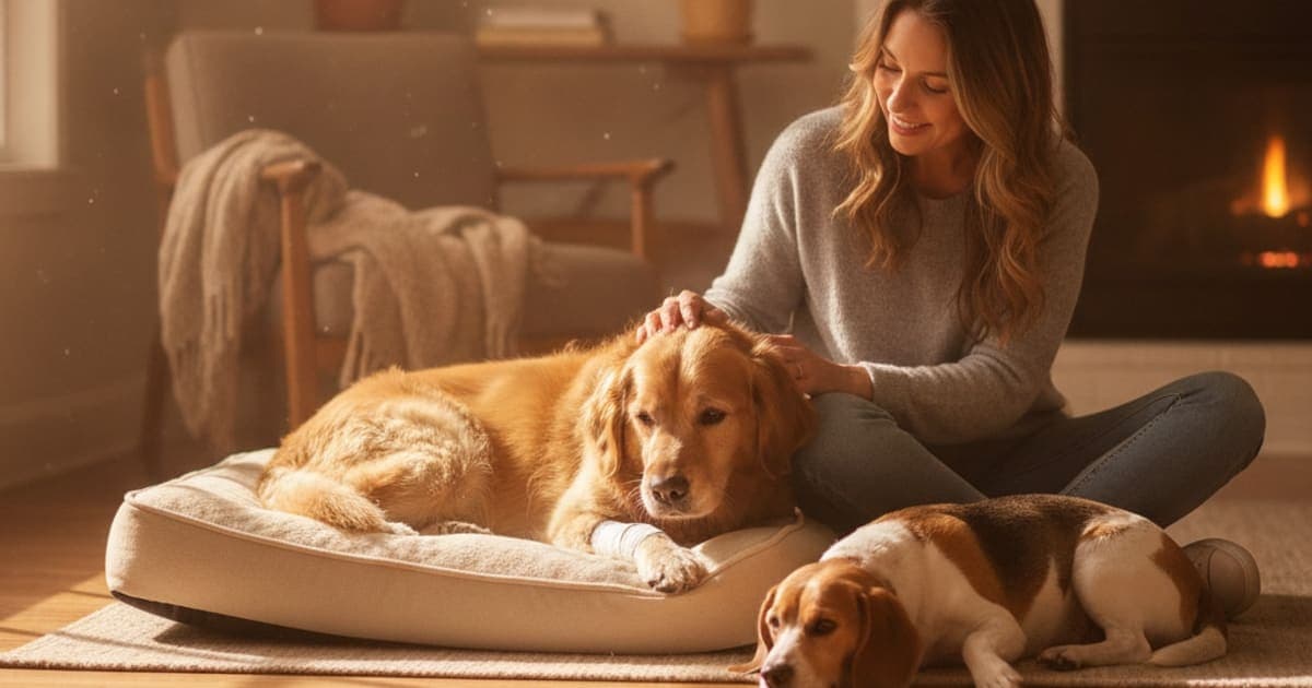 A dog being cared for at home, illustrating what helps a dog with tplo recovery? (stage by stage)