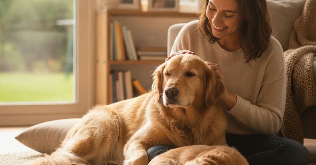 A dog being cared for at home, illustrating what helps a dog with vestibular disease? (supportive care)