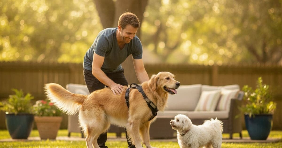 A dog being cared for at home, illustrating what helps a dog with wobbler syndrome? (care options)