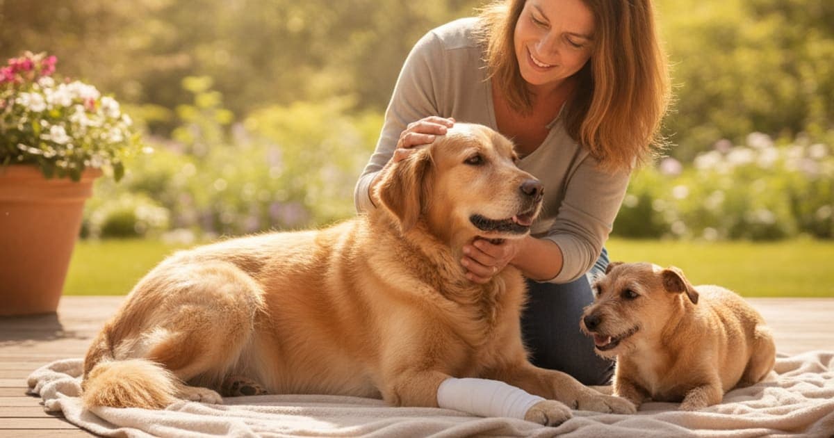 A dog being cared for at home, illustrating what helps a dog with wound healing? (recovery basics)