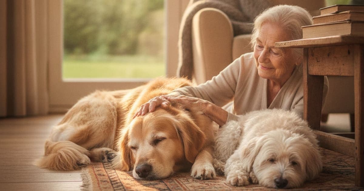 A dog being cared for at home, illustrating what is a senior dog? (age thresholds by size)