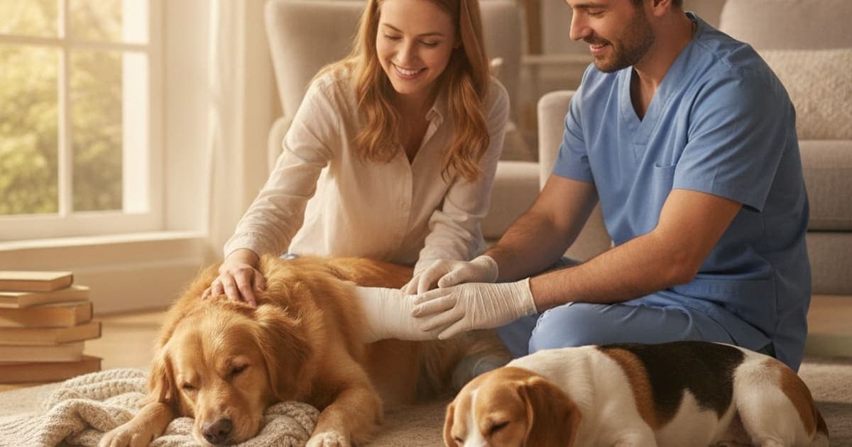 A dog being cared for at home, illustrating what makes avulsion fracture worse in dogs? (key factors)
