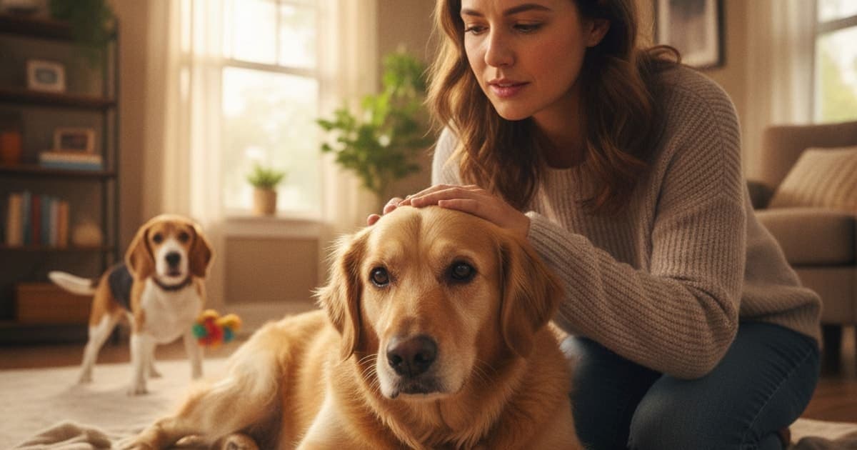 A dog being cared for at home, illustrating what makes bursitis worse in dogs? (aggravating factors)
