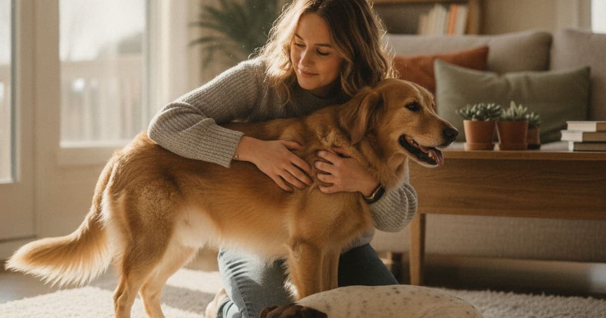 A dog being cared for at home, illustrating what makes cauda equina syndrome worse in dogs? (triggers)