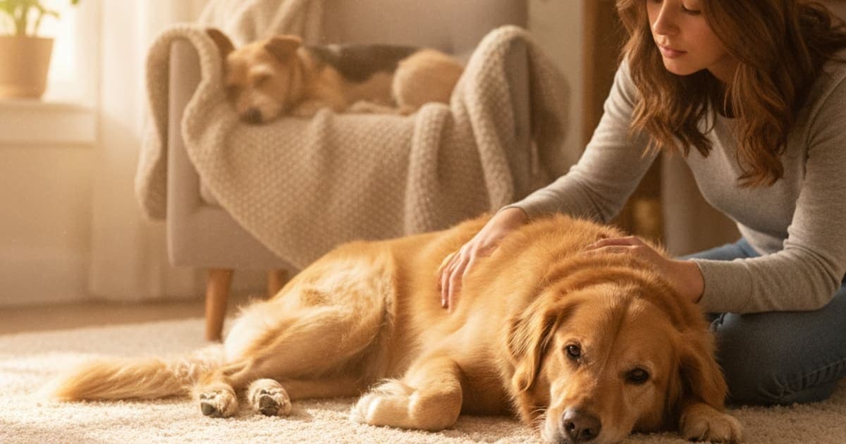 A dog being cared for at home, illustrating what makes chronic pain worse in dogs? (key triggers)