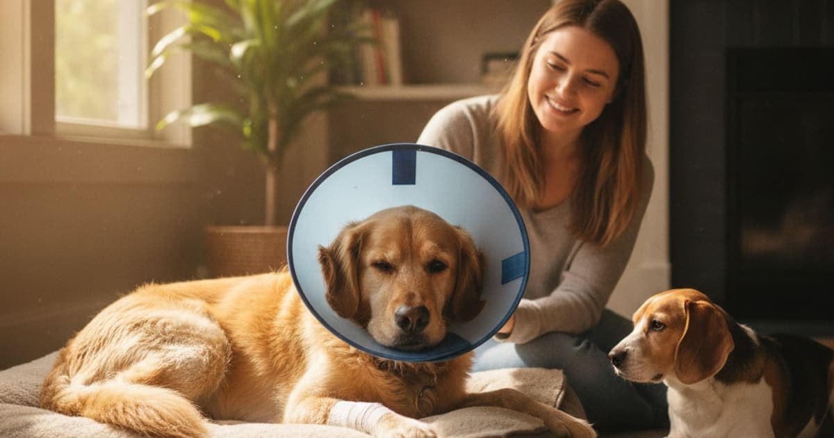 A dog being cared for at home, illustrating what makes cruciate surgery recovery worse in dogs