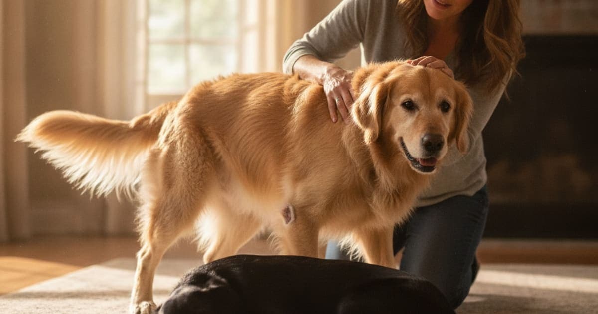 A dog being cared for at home, illustrating what makes elbow arthritis worse in dogs? (key triggers)