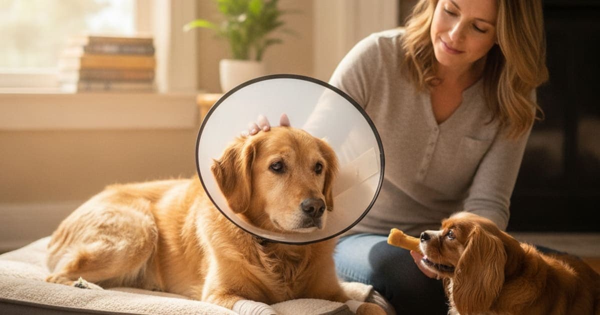 A dog being cared for at home, illustrating what makes fho surgery recovery worse in dogs? (causes)