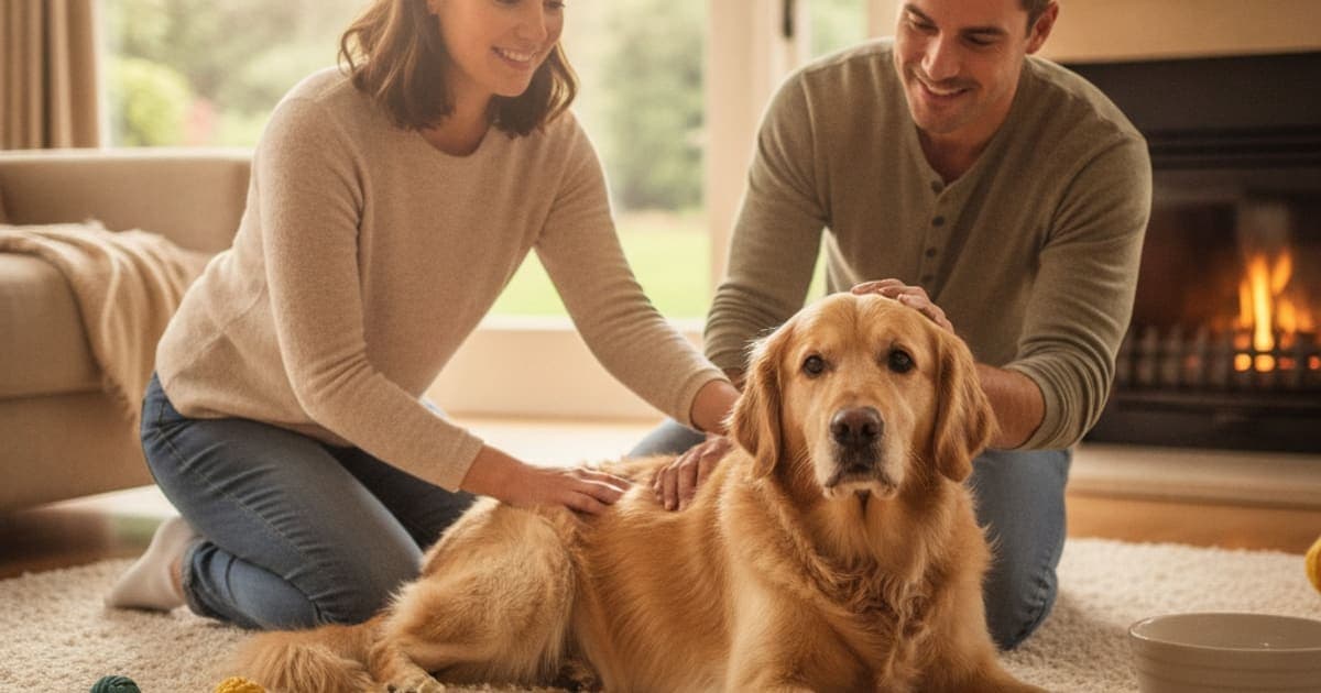 A dog being cared for at home, illustrating what makes hip dysplasia worse in dogs? (key factors)