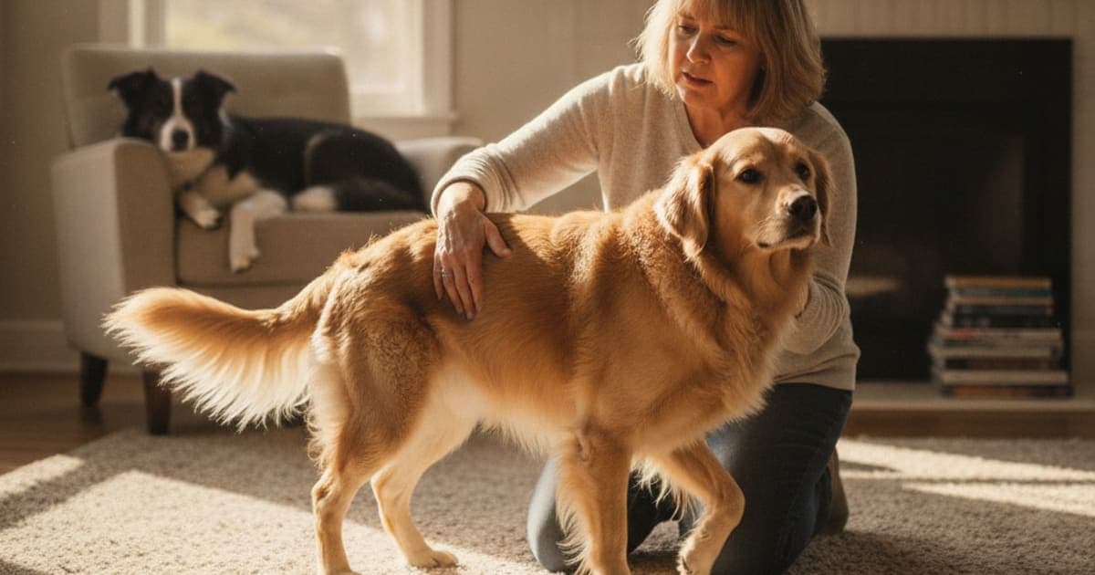 A dog being cared for at home, illustrating what makes nerve damage worse in dogs? (key risk factors)