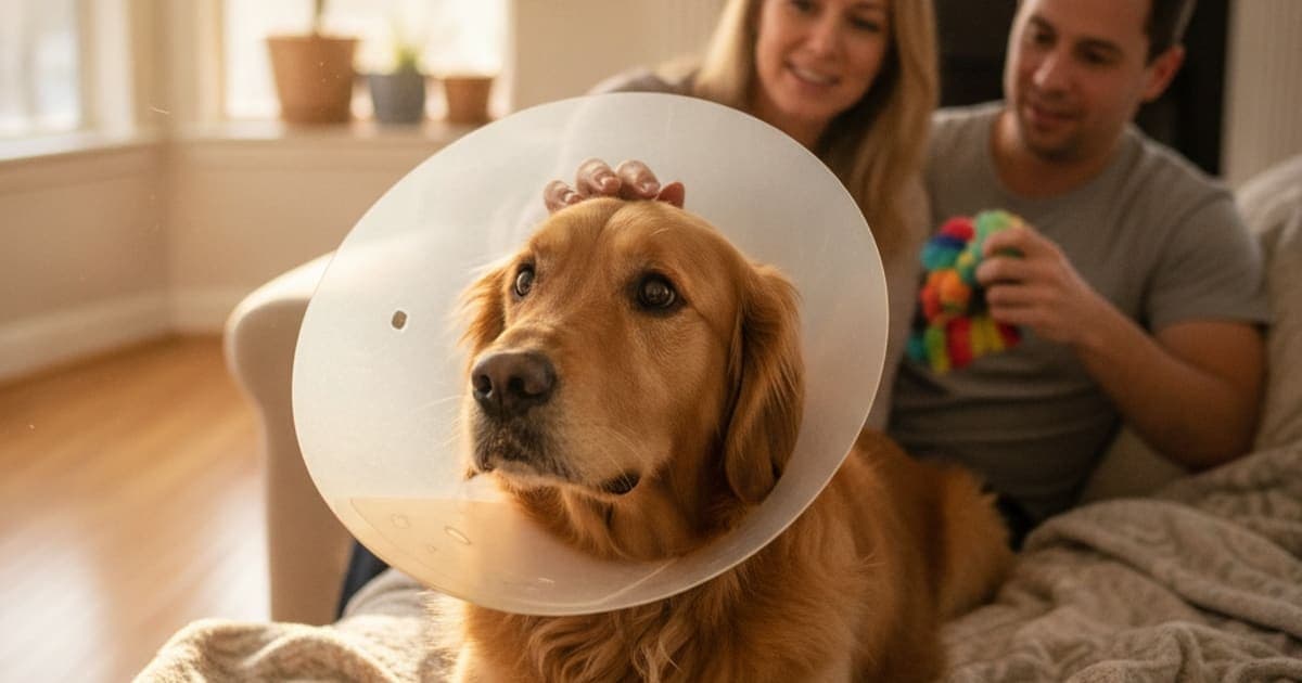 A dog being cared for at home, illustrating what makes neuter recovery worse in dogs? (key factors)