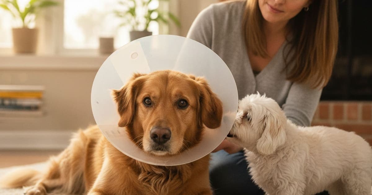 A dog being cared for at home, illustrating what makes post-surgical recovery worse in dogs? (causes)