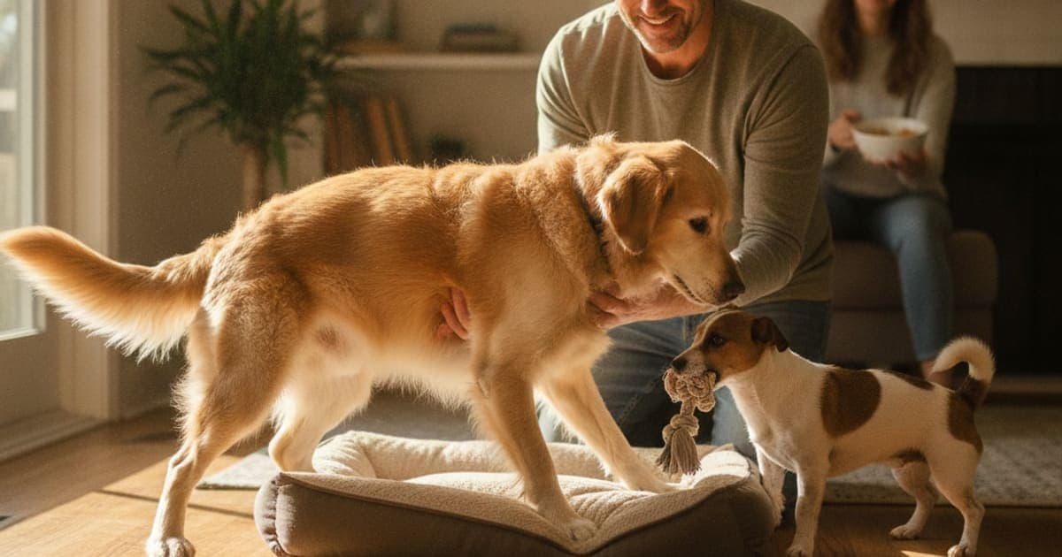 A dog being cared for at home, illustrating what makes sarcopenia worse in dogs? (key accelerators)