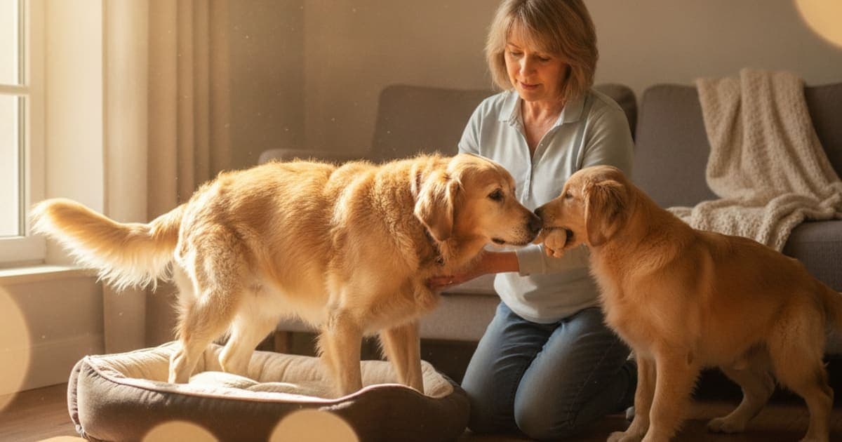 A dog being cared for at home, illustrating what makes senior dog stiffness worse in dogs? (causes)