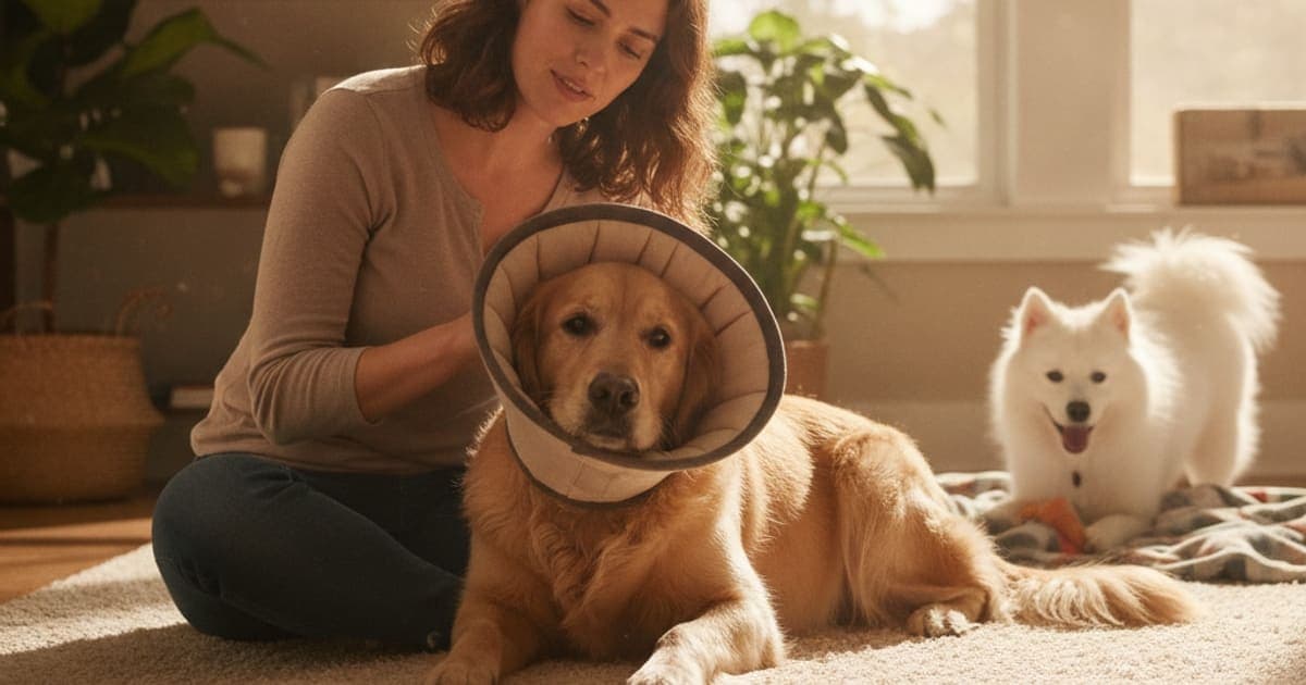 A dog being cared for at home, illustrating what makes surgical incision healing worse in dogs