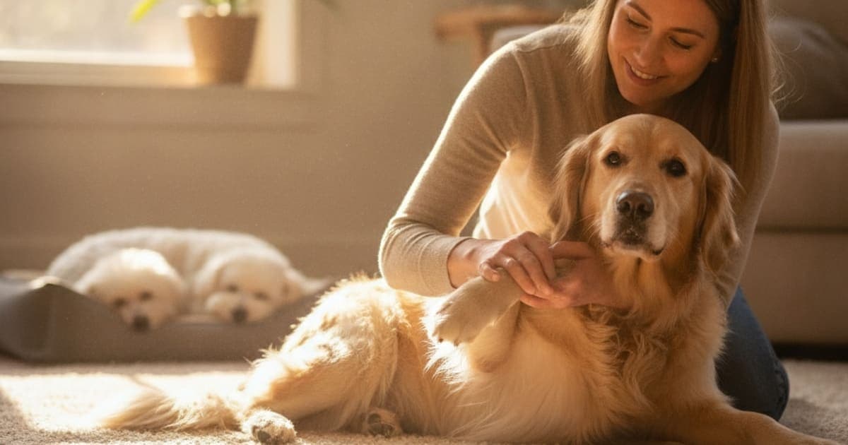 A dog being cared for at home, illustrating what makes tendon injury worse in dogs? (key causes)