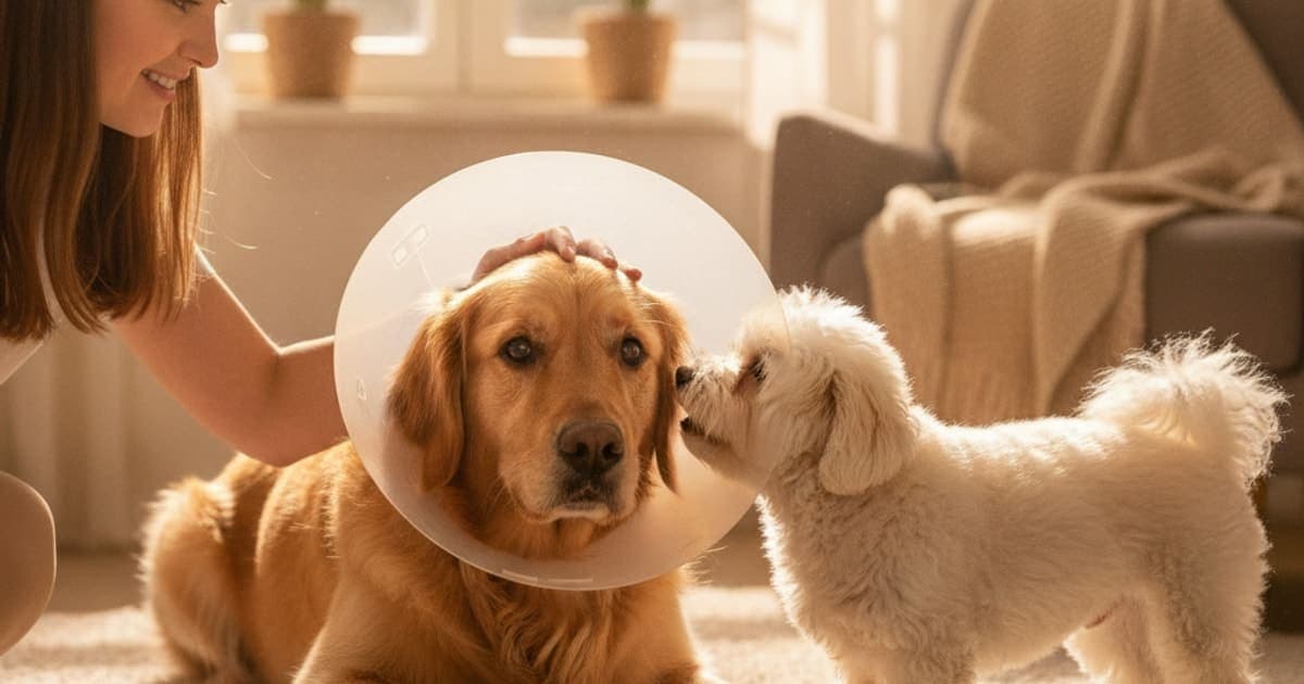 A dog being cared for at home, illustrating what makes tplo surgery recovery worse in dogs? (setbacks)
