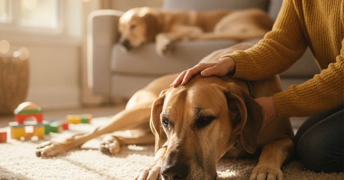 A dog being cared for at home, illustrating what makes wobbler syndrome worse in dogs? (key triggers)