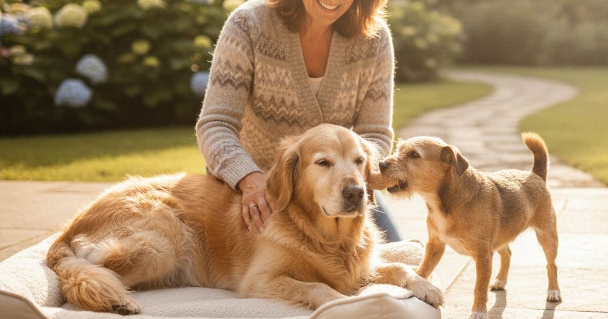 A dog being cared for at home, illustrating what to do for older dogs with arthritis? (home care)