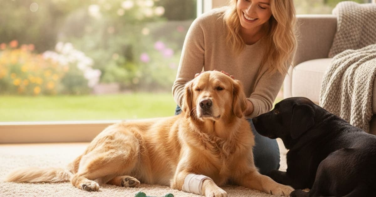A dog being cared for at home, illustrating what should i give my dog for achilles tendon injury