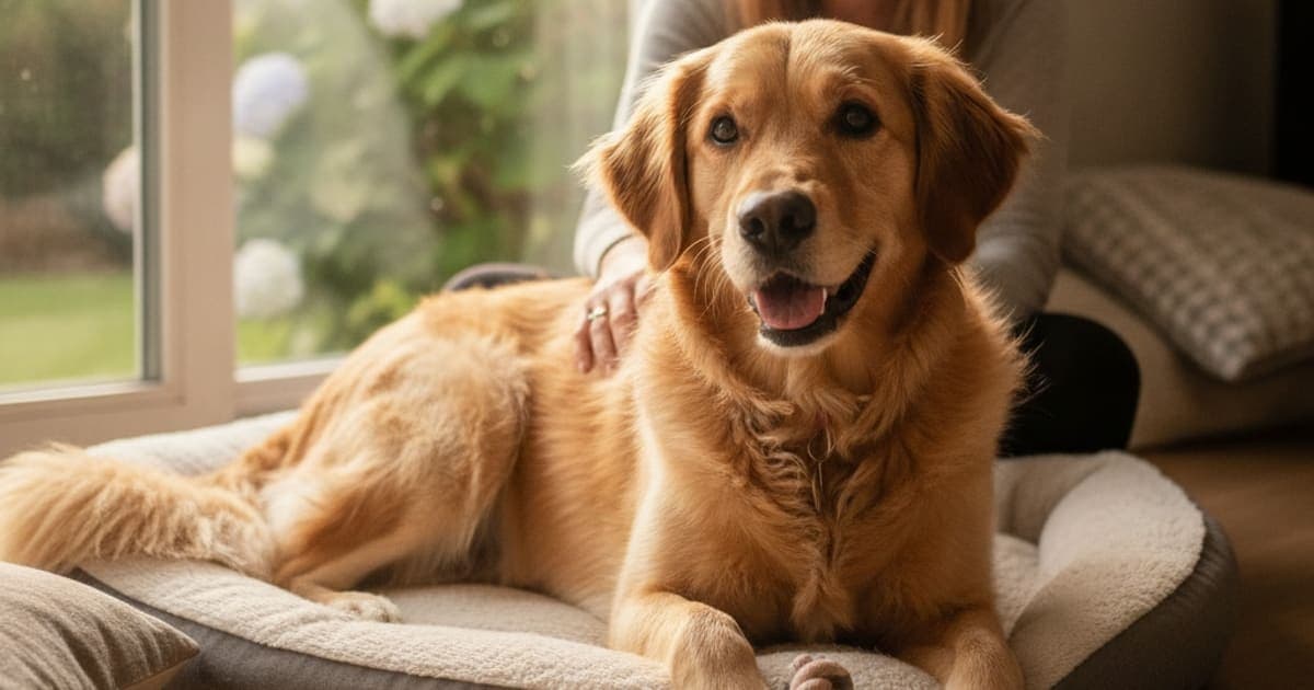 A dog being cared for at home, illustrating what to give a dog with amputation recovery (care guide)
