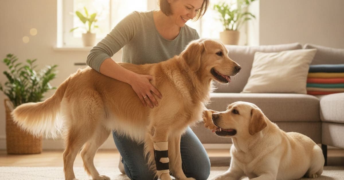 A dog being cared for at home, illustrating what to give a dog with cruciate ligament rupture