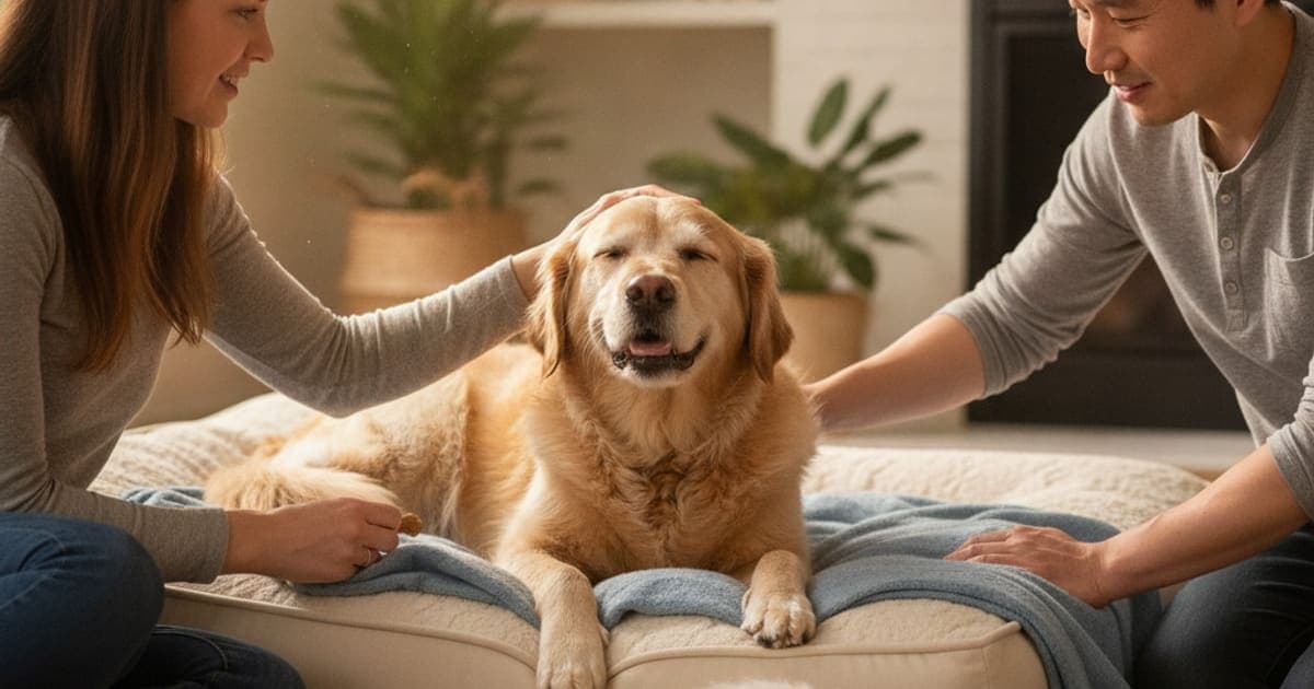 A dog being cared for at home, illustrating what to give a dog with elbow arthritis (options)