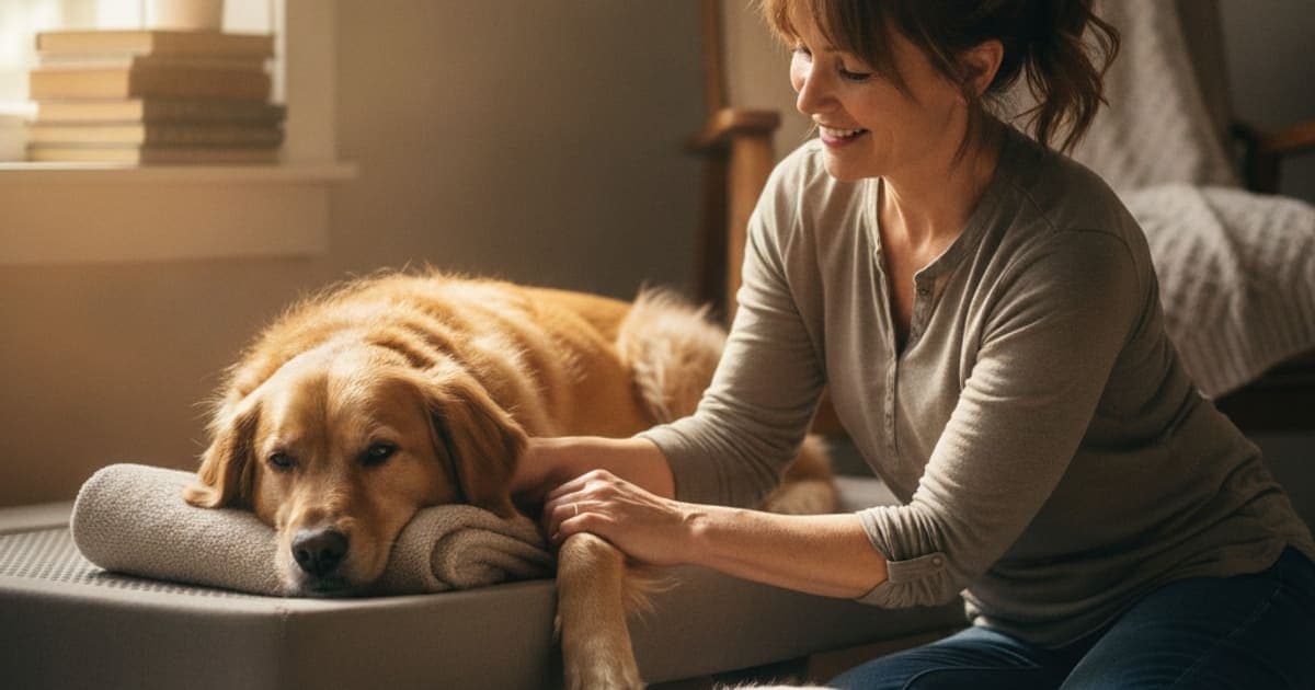 A dog being cared for at home, illustrating what to give a dog with elbow dysplasia (options)