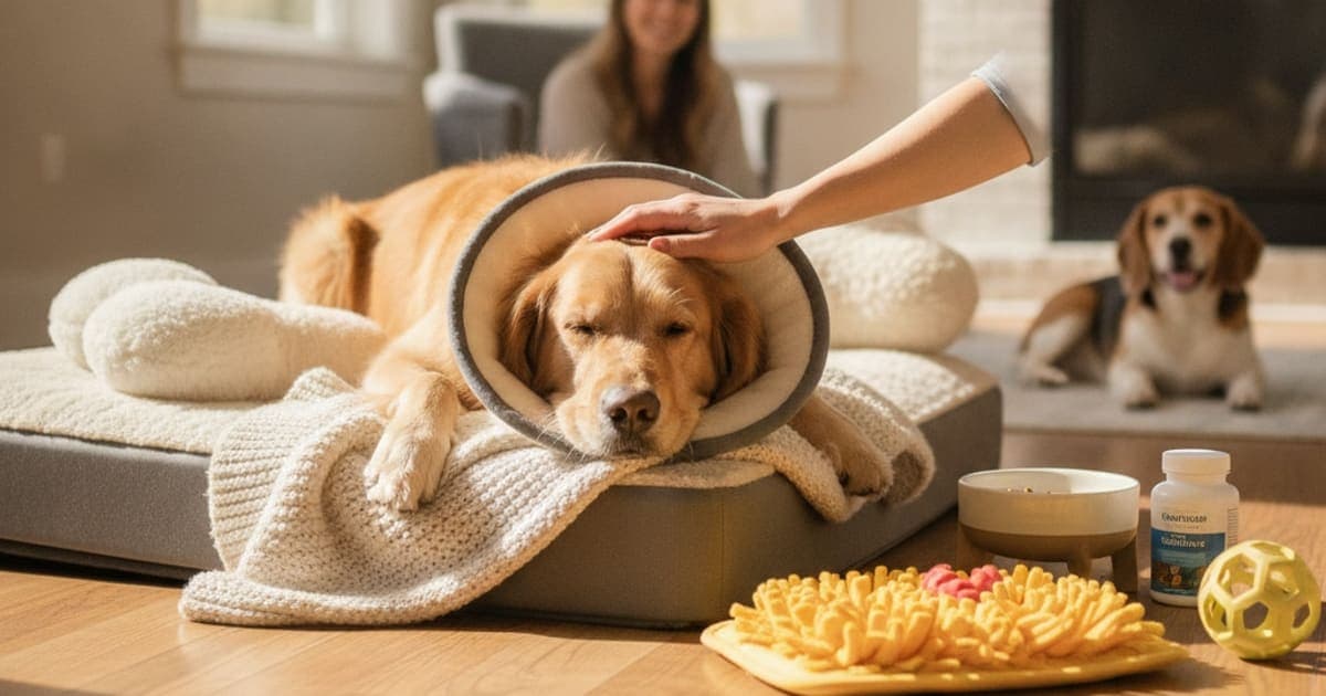 A dog being cared for at home, illustrating what should i give my dog for fho surgery recovery