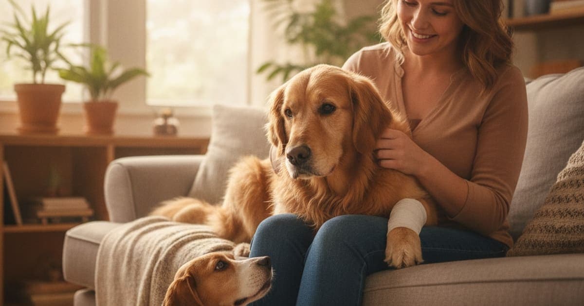A dog being cared for at home, illustrating what to give a dog with growth plate injury? (options)