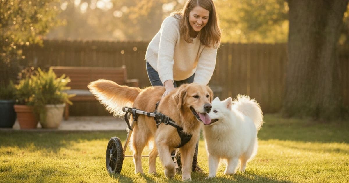 A dog being cared for at home, illustrating what to give a dog with hind end weakness? (options)