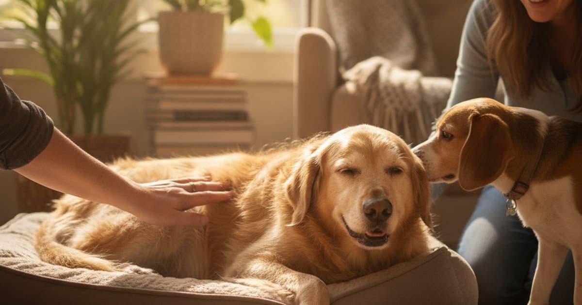A dog being cared for at home, illustrating what to give a dog with hip arthritis (owner's options)
