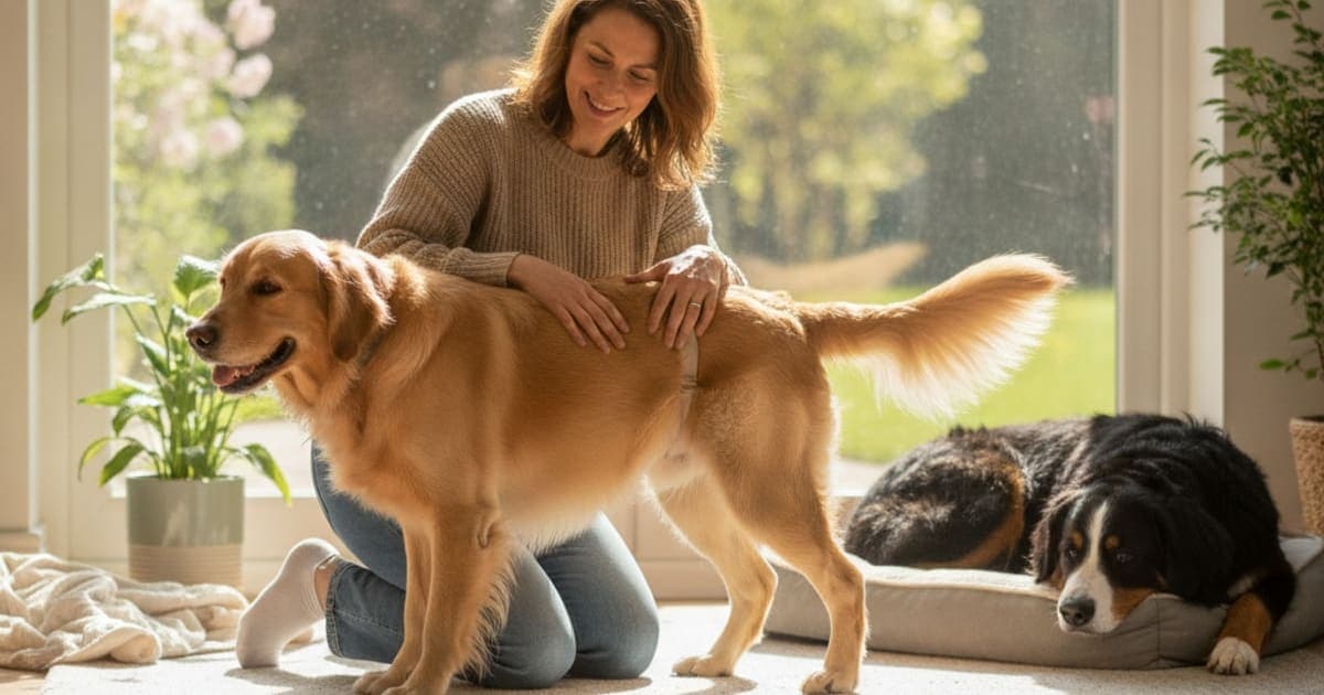 A dog being cared for at home, illustrating what should i give my dog for iliopsoas strain