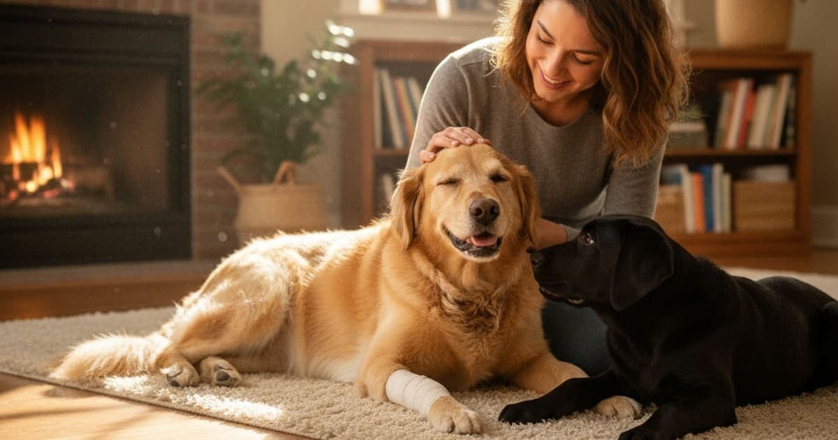A dog being cared for at home, illustrating what to give a dog with muscle tear (recovery support)