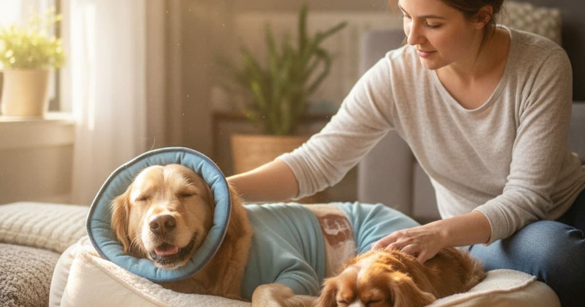 A dog being cared for at home, illustrating what to give a dog with neuter recovery? (aftercare)