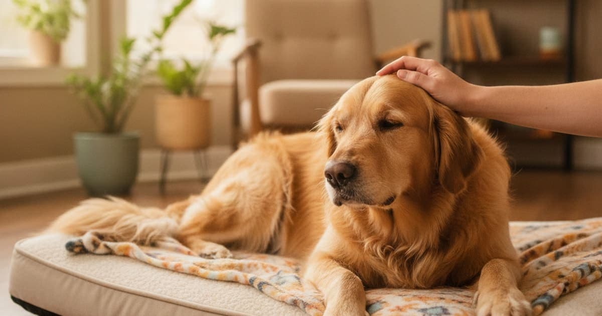 A dog being cared for at home, illustrating what to give a dog with panosteitis (care options)