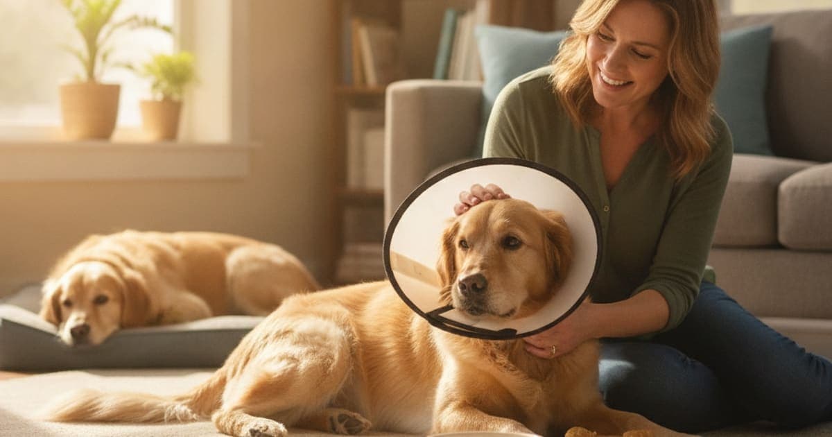A dog being cared for at home, illustrating what to give a dog with post-surgical recovery? (what helps)