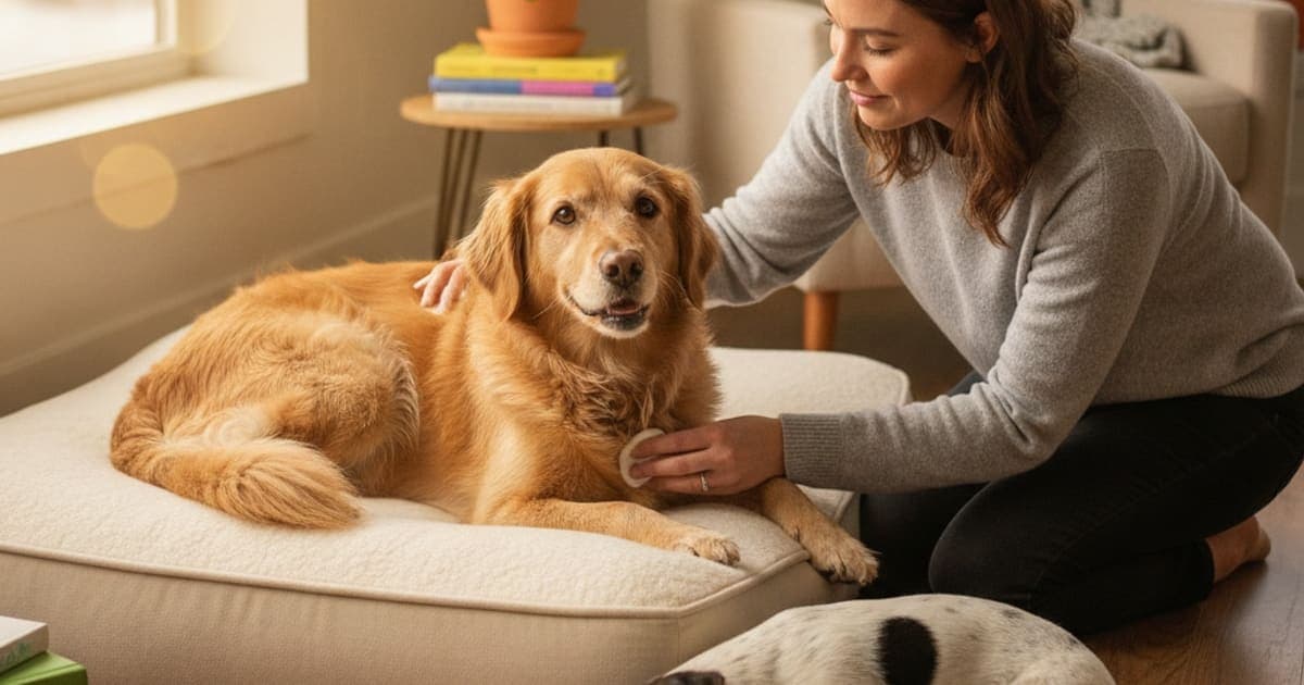 A dog being cared for at home, illustrating what to give a dog with pressure sores (care options)
