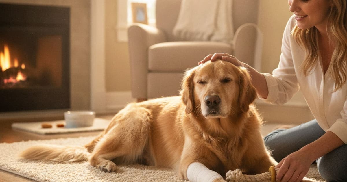 A dog being cared for at home, illustrating what to give a dog with a sprained leg (what helps)