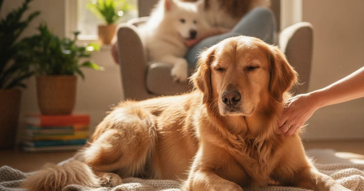 A dog being cared for at home, illustrating what to give a dog with tendonitis (recovery support)