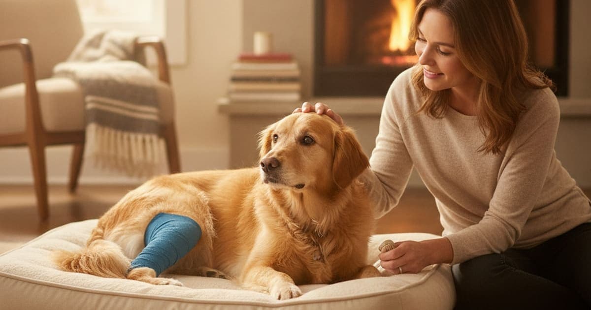 A dog being cared for at home, illustrating what to give a dog with a torn acl (recovery support)