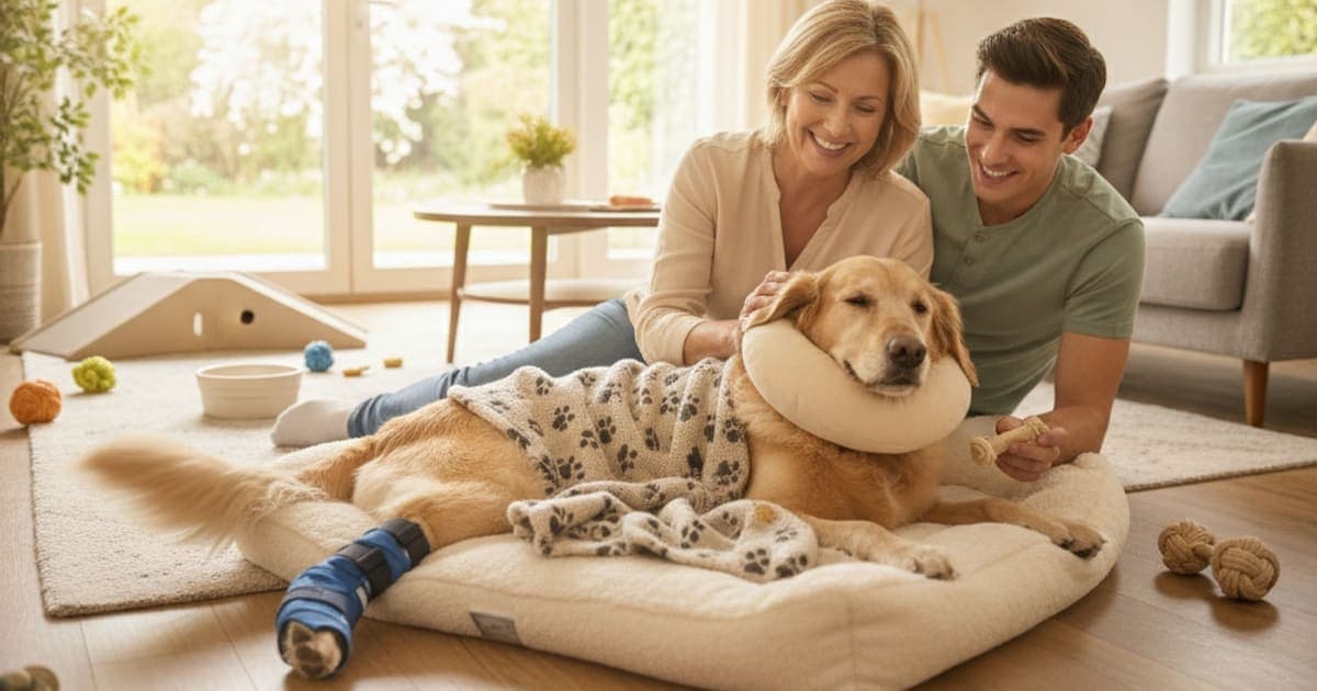 A dog being cared for at home, illustrating what to give a dog with tplo recovery (what helps)