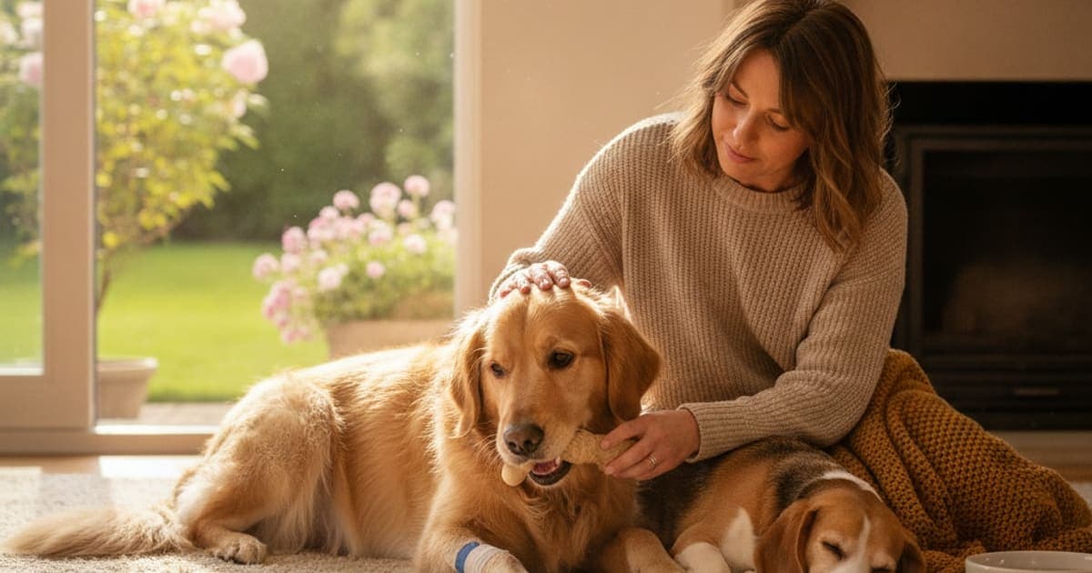 A dog being cared for at home, illustrating what to give a dog with tplo surgery recovery