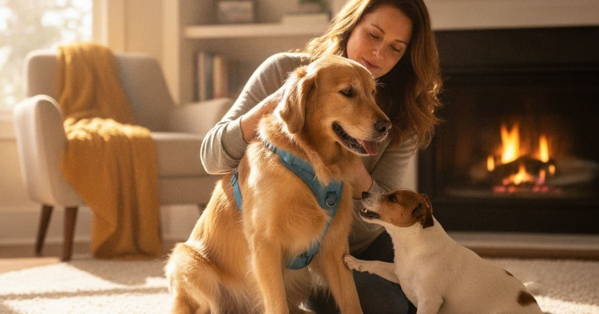 A dog being cared for at home, illustrating what to give a dog with wobbler syndrome (support options)